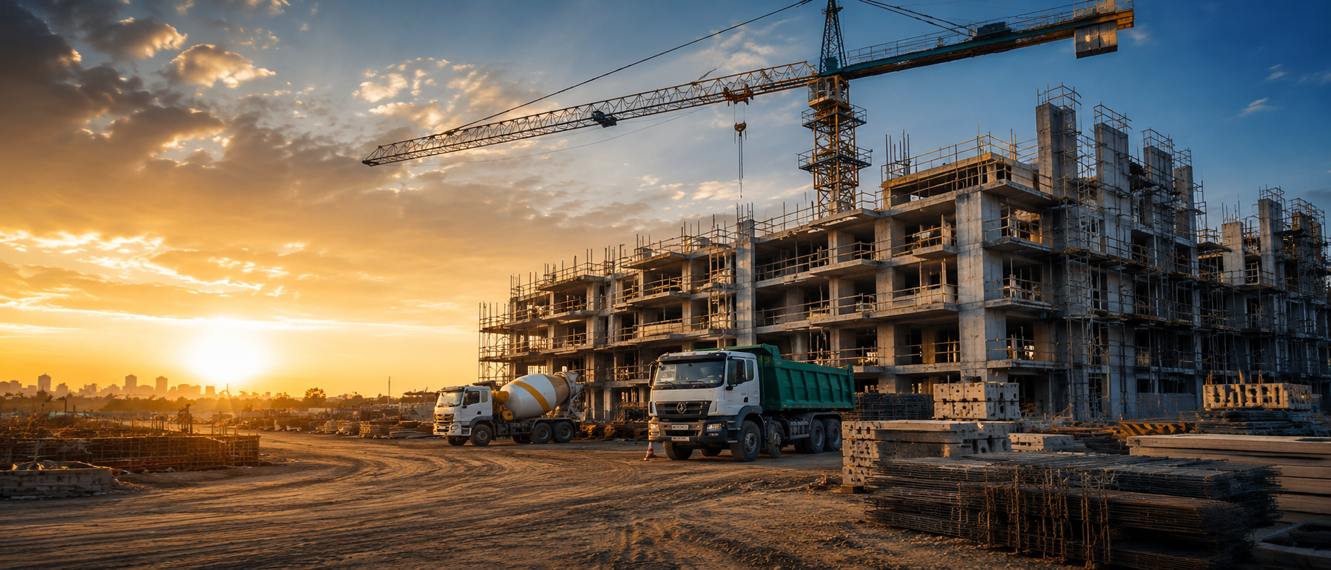 Chantier de construction ETSMILY avec bâtiment, grue et véhicules professionnels
